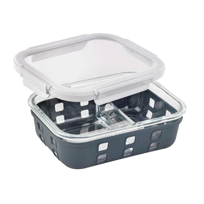 Boite rectangle en verre a/v compartiment+couv transp+protection silicone 198x148mm H60mm 980ml-12Pcs