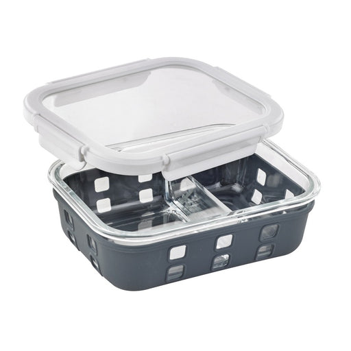 Boite rectangle en verre a/v compartiment+couv transp+protection silicone 198x148mm H60mm 980ml-12Pcs