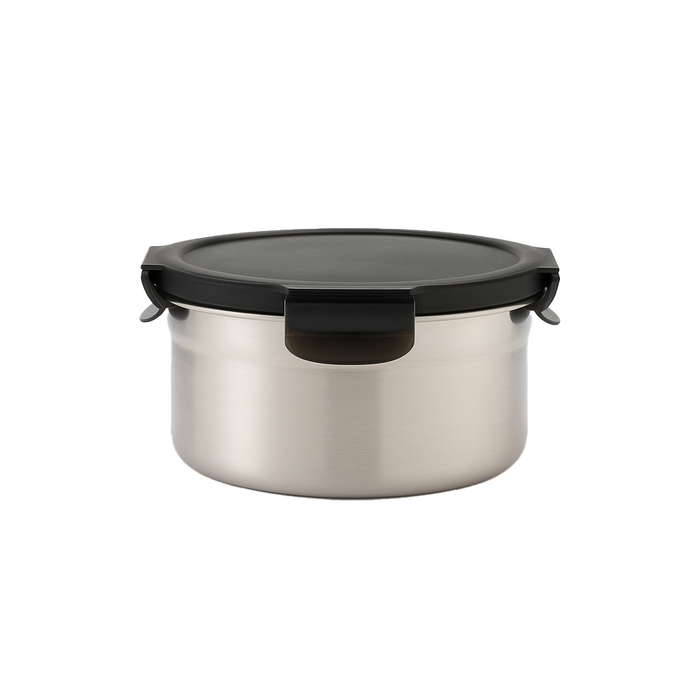 Boite ronde NoxBox en inox avec couvercle en plastique PP noir et fermeture hermétique  H80mm 900ml - 6Pcs