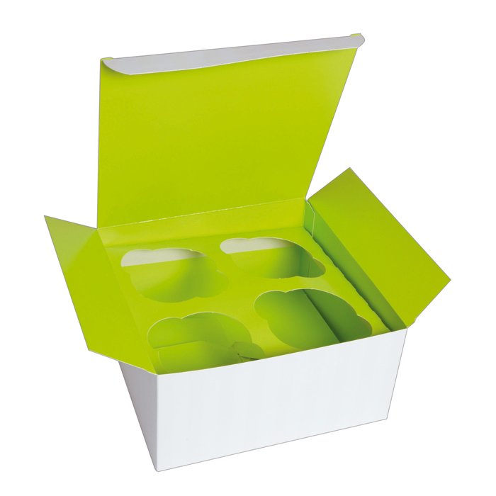 Boîte carton cup cake avec insert vert (pour 4 pcs) 170x170mm H85mm-100Pcs