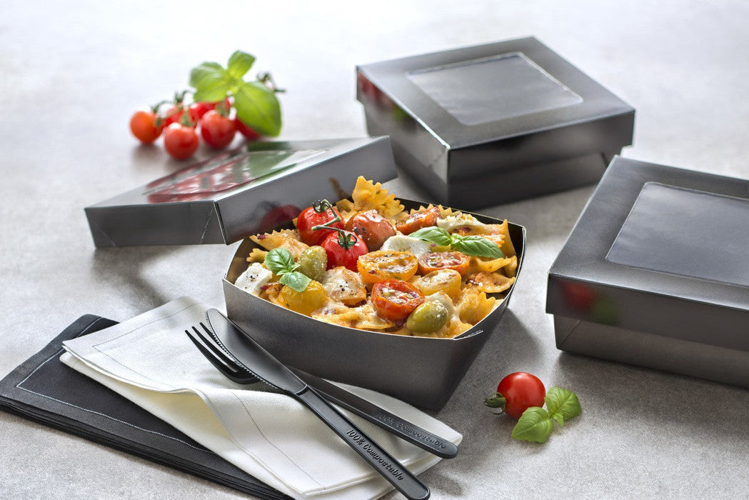 Boîte "Kray" carrée carton noir avec couvercle à fenêtre 135x135mm H50mm 700ml - 100Pcs