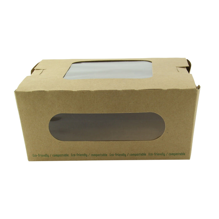 Boite salade carton kraft brun à double fenêtre PLA  152x135mm H65mm 1100ml-200Pcs