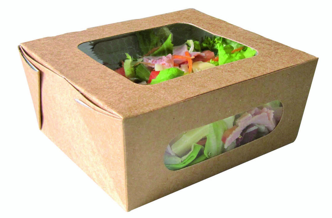 Boite salade carton kraft brun à double fenêtre PLA  152x135mm H65mm 1100ml-200Pcs