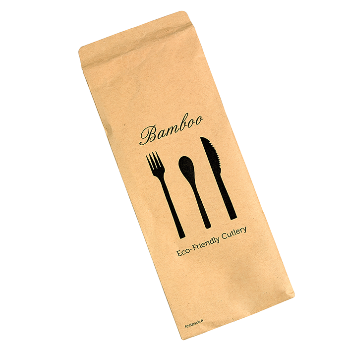 Kit couverts bambou "Anji" 4/1: couteau fourchette cuillère serviette, emballage kraft  H170mm-100Pcs