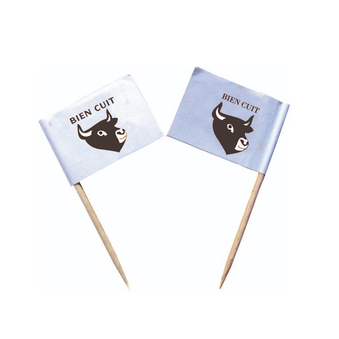 Pique à steak en bois drapeau "bien cuit" H65mm - 1Pcs