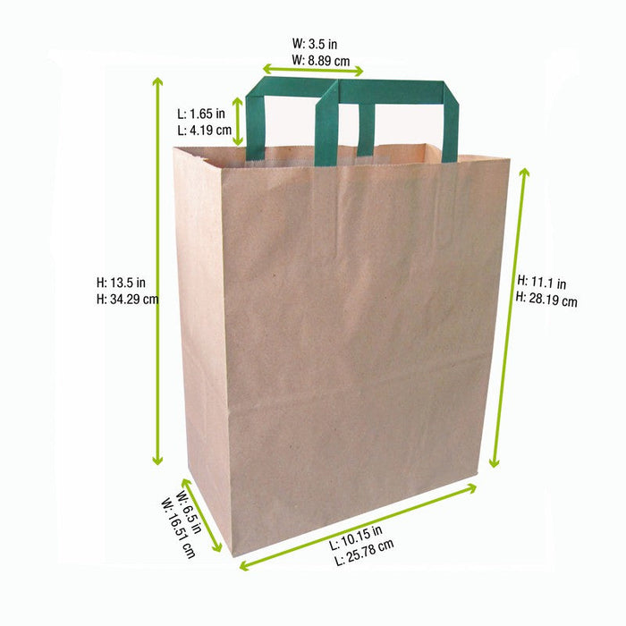 Sac cabas papier kraft brun recyclé avec anses vertes  320x170mm H340mm-250Pcs