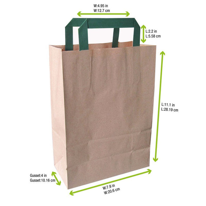 Sac cabas papier brun recyclé anses vertes  200x100mm H280mm-250Pcs