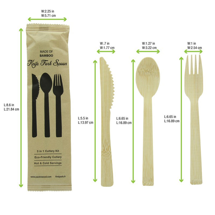 Kit couverts bambou "Anji" 4/1: couteau fourchette cuillère serviette, emballage kraft  H170mm-100Pcs